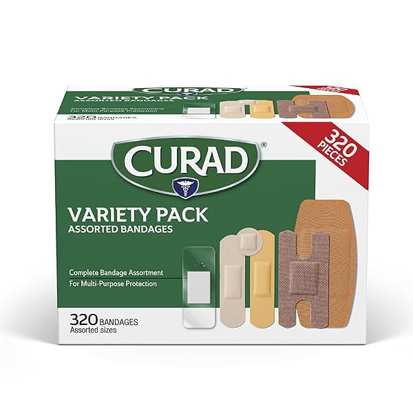 CURAD ASSORTED BANDAGES BULK VARIETY PACK | 320 COUNT |5 STYLES INCLUDING WATERPROOF, SHEER, PLASTIC, HEAVY DUTY & FLEX-FABRIC | FIRST AID KIT ESSENTIALS | PROTECTS SCRAPES, CUTS & BURNS