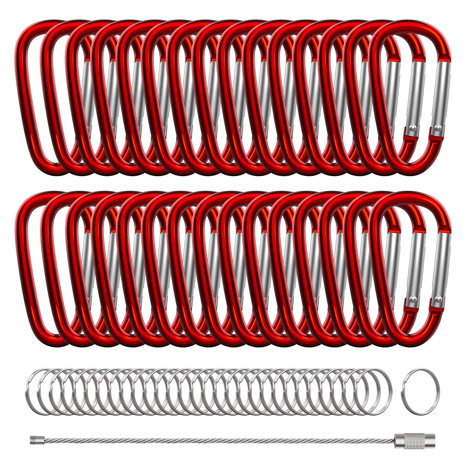 Photo 1 of XIECHANEE 30PCS Aluminum Carabiner Clips, 2" D Shape Spring Snap Hooks Carabiner with 30PCS Keyring Keychain Hook, Red