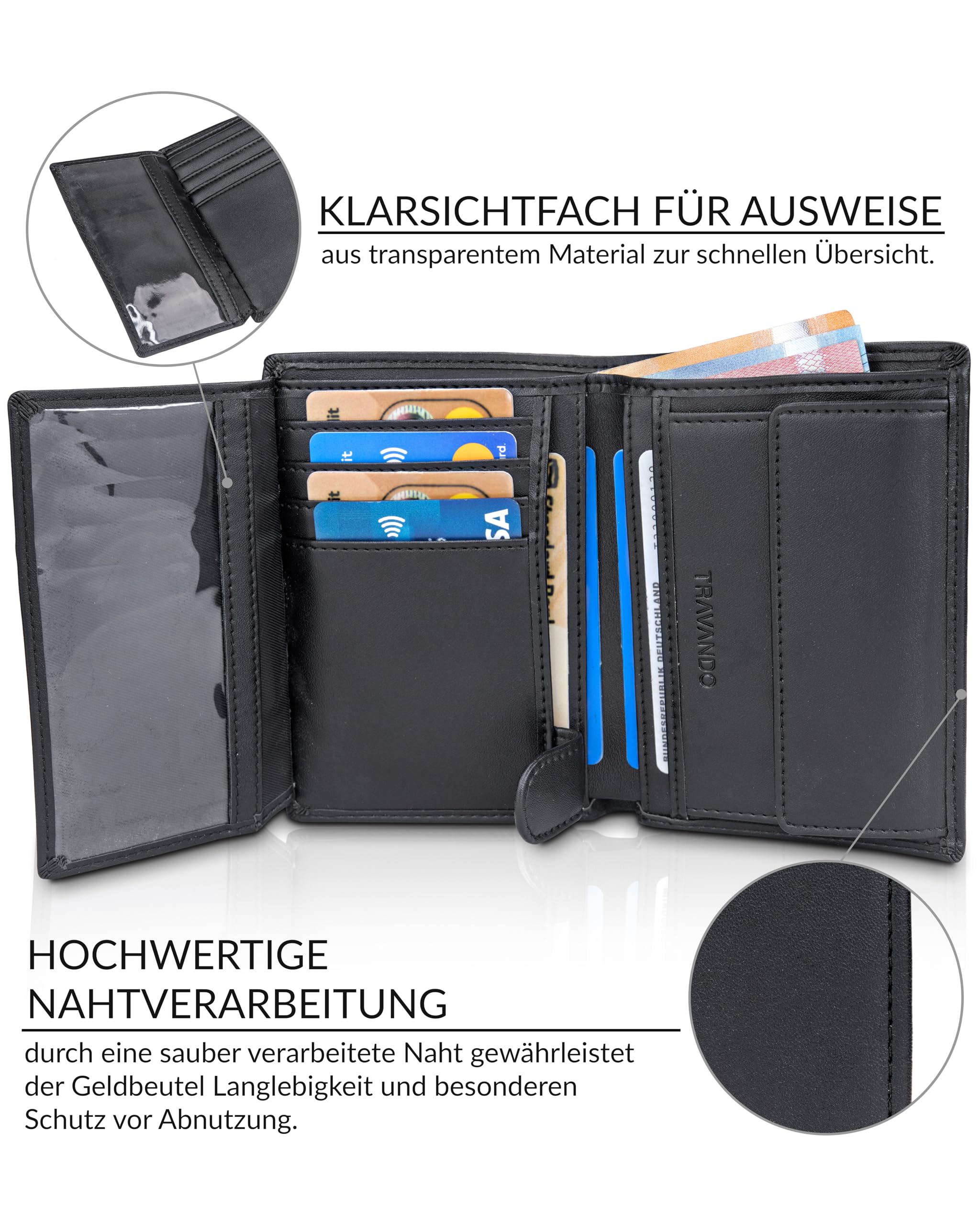 TRAVANDO Geldbörse Herren Dublin - TÜV geprüft - 13 Kartenfächer - Hochformat - RFID Schutz - Geschenk für Männer - inklusive Geschenk Box - Designed in Germany (Schwarz) 3