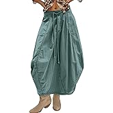 TERIVEEK Women Poplin Midi Skirt Baggy Drawstring Mid Rise Parachute Skirt Y2k Cargo Maxi Long Skirt with Pockets Streetwear