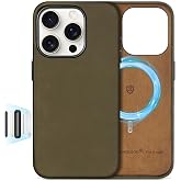 SHIELDON Genuine Leather Case for iPhone 16 Pro 6.3", Crazy Horse Khaki | Crazy Horse Leather, for MagSafe, Magnetic Wireless Charging, Camera Button, Metal Buttons, Camera Bezel, Shockproof, Slim