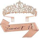 Rose Gold Sweet 16 Birthday Decorations Set for Women - Sash, Tiara, and Crowns for the 16th Celebration