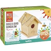 Beetle &amp; Bee Build A Bird Bungalow - DIY Kid Art Craft Outdoor Birdhouse Kit, House Painting Kit for Kids, Hardware Glue Included- 4 Paints, 1 Brush, 7 Wooden Pcs, Chain For Tree Hanging Age 5+