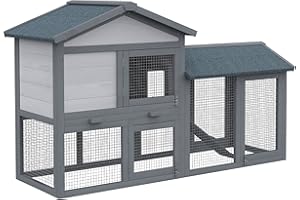 PawHut 58" Rabbit Hutch, Wooden Bunny Hutch, Guinea Pig Cage, Small Animal Enclosure with Run Area, Removable Tray, Asphalt Roof, Lockable Doors and Ramp, Dark Gray