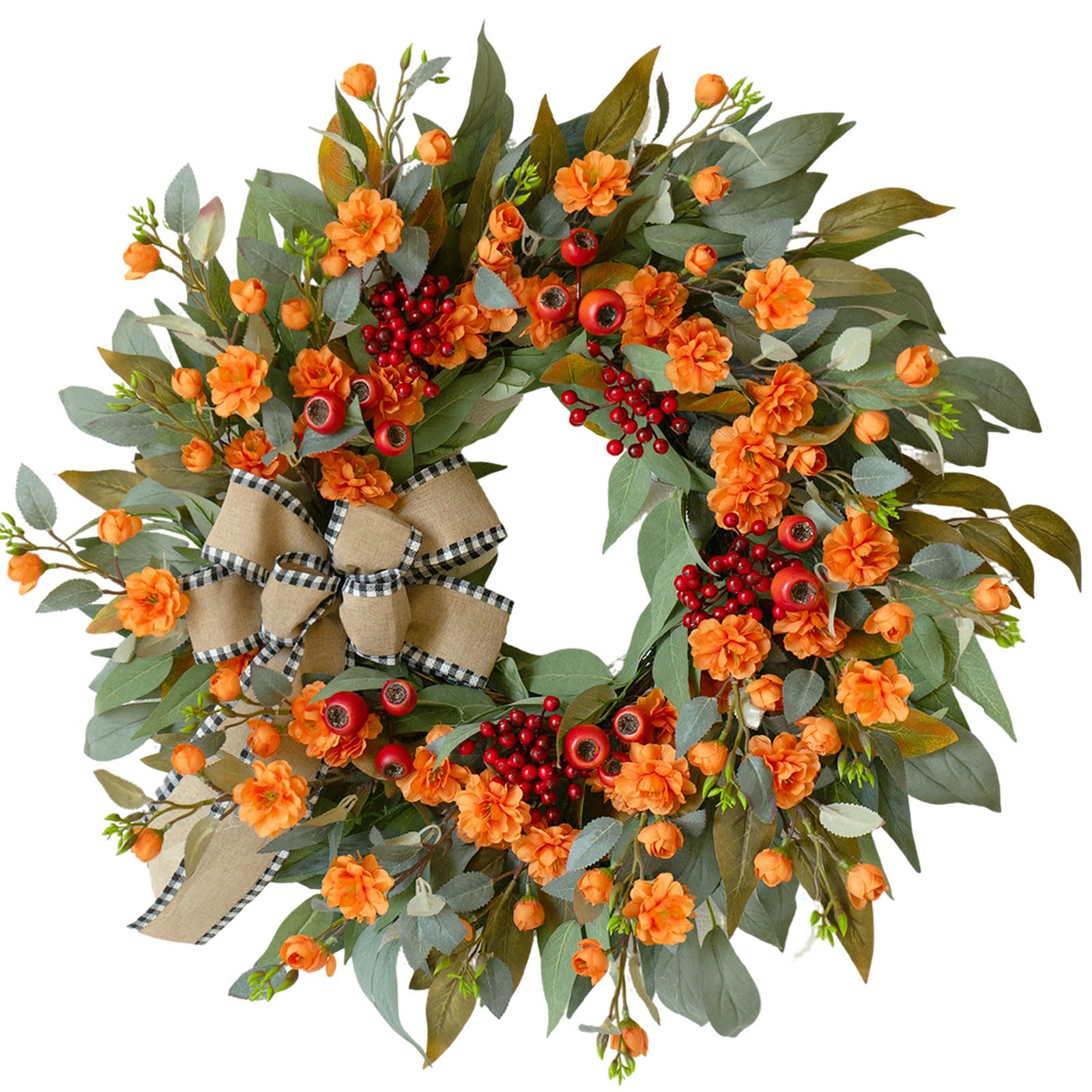 Photo 1 of 24 Inch Artificial Fall Wreaths for Front Door - Autumn Wreath with Large Red Berries, Fall Leaves, Burlow Bow - Farmhouse Decor for Thanksgiving, Harvest Festival, Indoor Outdoor Wall Porch Holiday