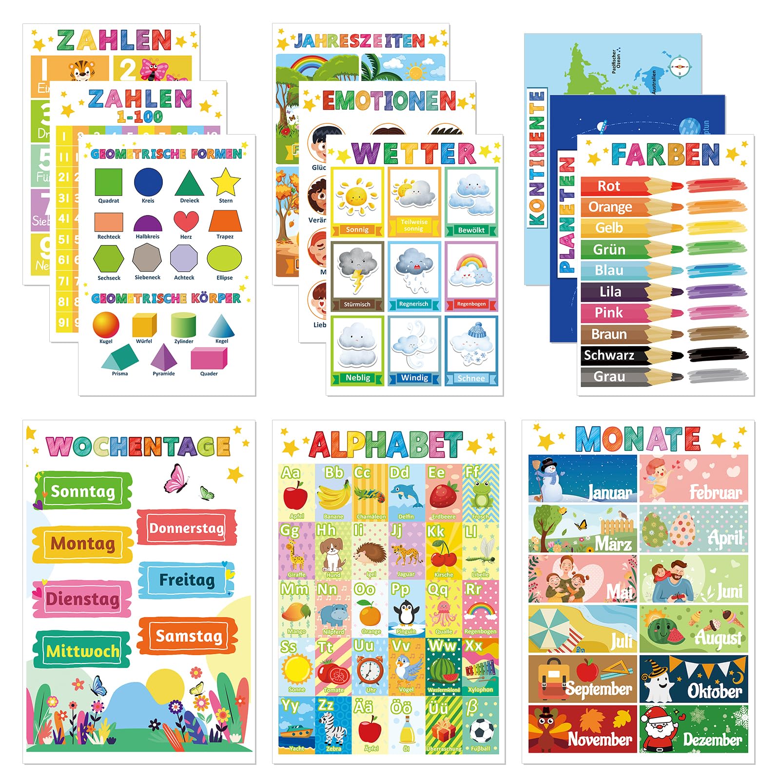 COCHIE 12 Educational Montessori Learning Posters A4 Alphabet Numbers Posters for Children Preschool Primary School Pictures Nursery Classroom Decoration Boys Girls