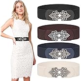 LEACOOLKEY 4 Pack Women Wide Elastic Waist Belt for Dress Plus Size Vintage Stretch Belt Retro Buckle 2.36" Width