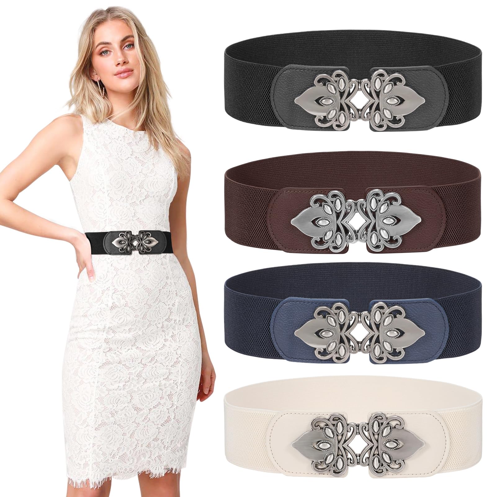 Photo 1 of (MISSING BLACK BELT) LEACOOLKEY 3 Pack Women Wide Elastic Waist Belt for Dress Plus Size Vintage Stretch Cinch Belt Retro Buckle 2.36" Width