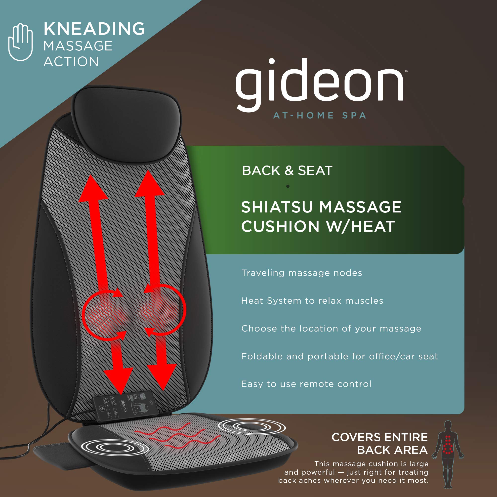 Gideon Shiatsu Back Massager Deep Kneading Massage Seat Cushion with Percussion and Vibration Motors with Heat for Full, Mid and Lower Back and You’re Bottom - Precise Pinpoint Customization Control