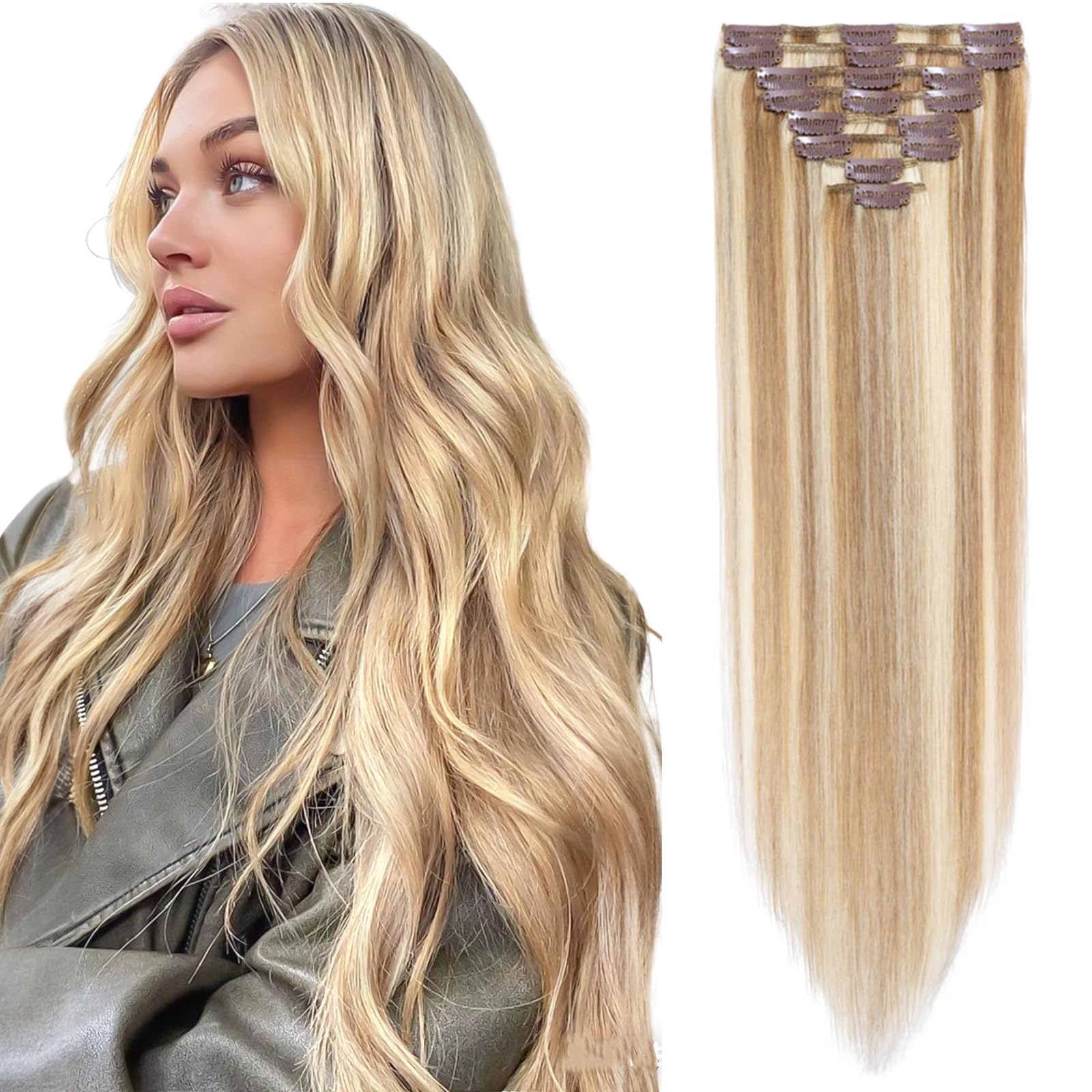 Clip in Hair Extensions Real Human Hair Straight Remy Hair Extensions Clip in Blonde 8pcs Seamless Real Hair Thin 8 Inch 45g #12/613 Golden Brown mix Bleach Blonde — image 1