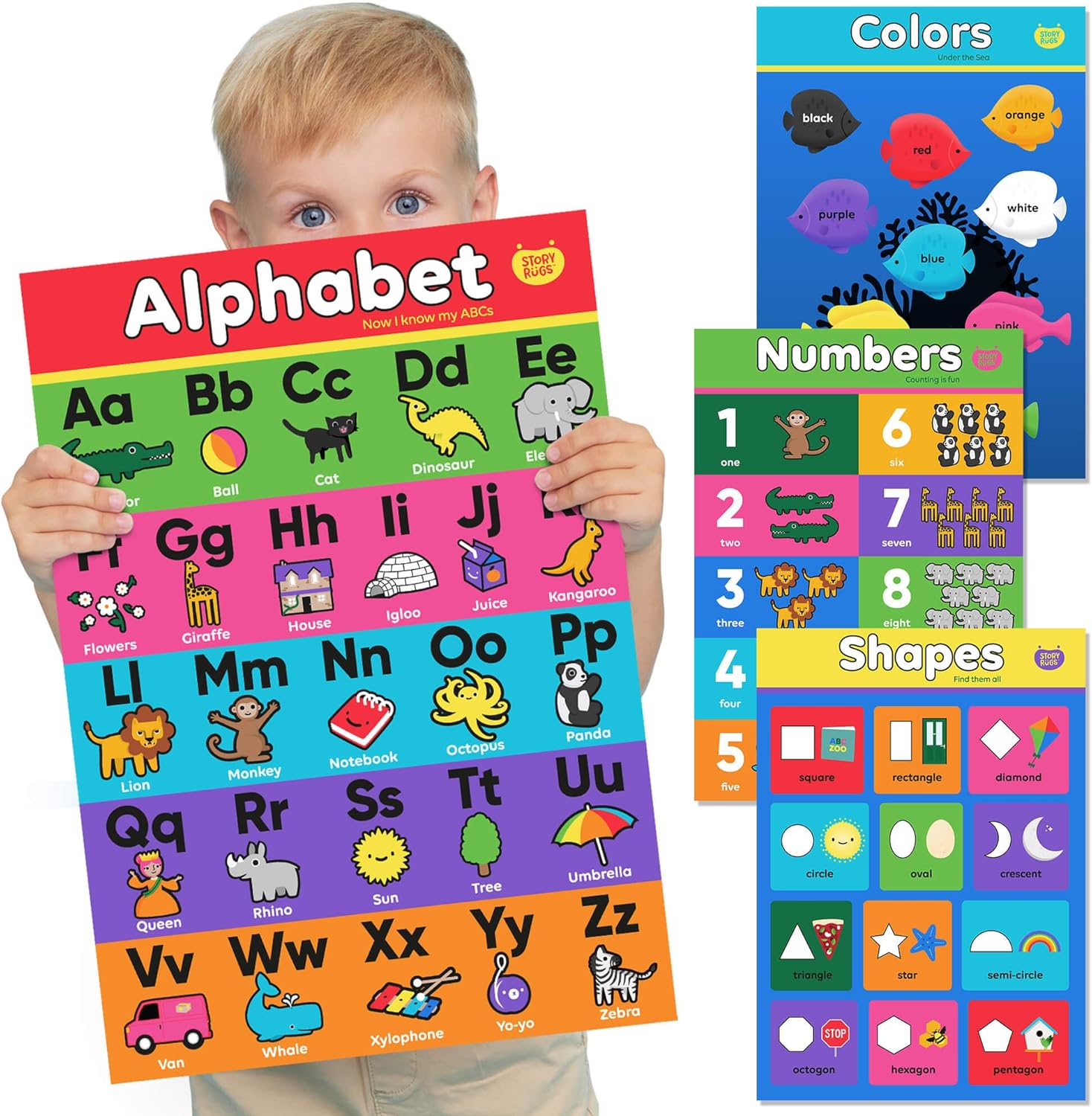 4 Pack - Alphabet Posters for Preschoolers - Numbers - Shapes - Colors - Laminated Learning Posters for Toddlers & Preschoolers - Kindergarten Classroom Decorations Charts