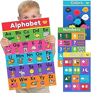 4 Pack - Alphabet Posters for Preschoolers - Numbers - Shapes - Colors - Laminated Learning Posters for Toddlers & Preschoolers - Kindergarten Classroom Decorations Charts