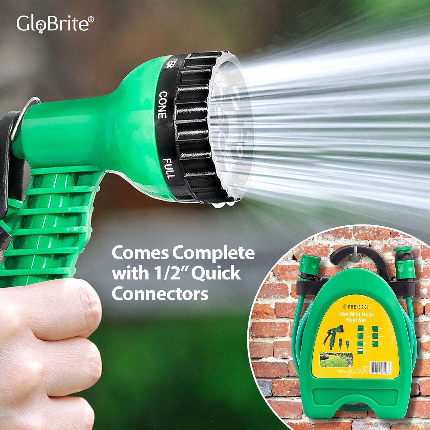 GloBrite Mini Hose Reel with 10m / 32ft Garden Hose Pipe Spray Gun & Adjustable Nozzle, Wall Mountable - Image 5
