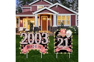 PUYRUIV 2Pcs Rose Gold 21st Birthday Yard Sign Decoration with String Lights for Women Girl, Happy 21 Birthday Made in 2003 Lawn Sign Party Supplies, 21 Year Old Birthday Lights Yard Decor with Stakes