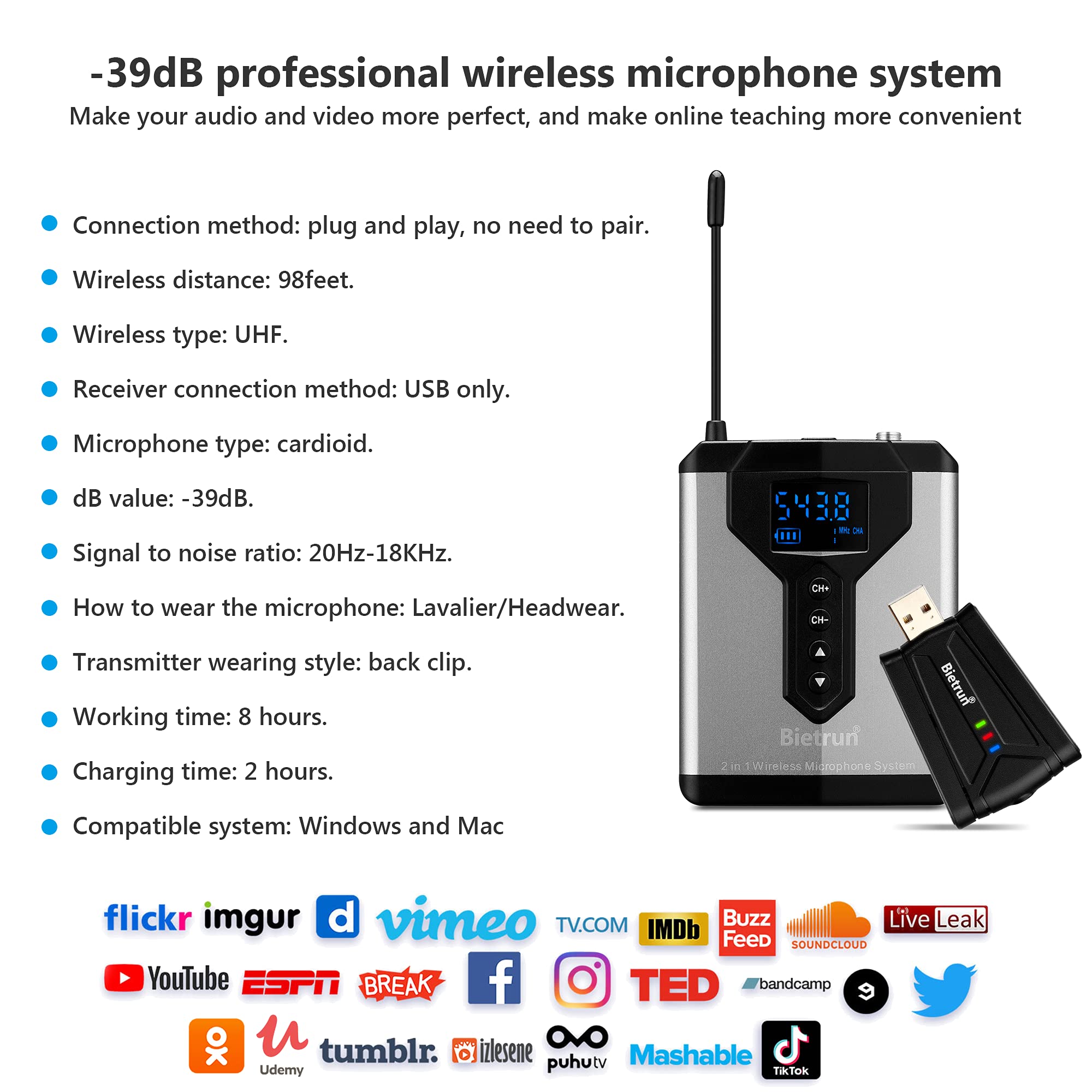Bietrun Wireless USB Microphone for Computer, UHF Wireless Headset Mic and Lapel Lavalier Microphone System with USB Receiver for PC/Desktop/Laptop, Plug&Play, for Zoom, Meeting, Podcast, Recording