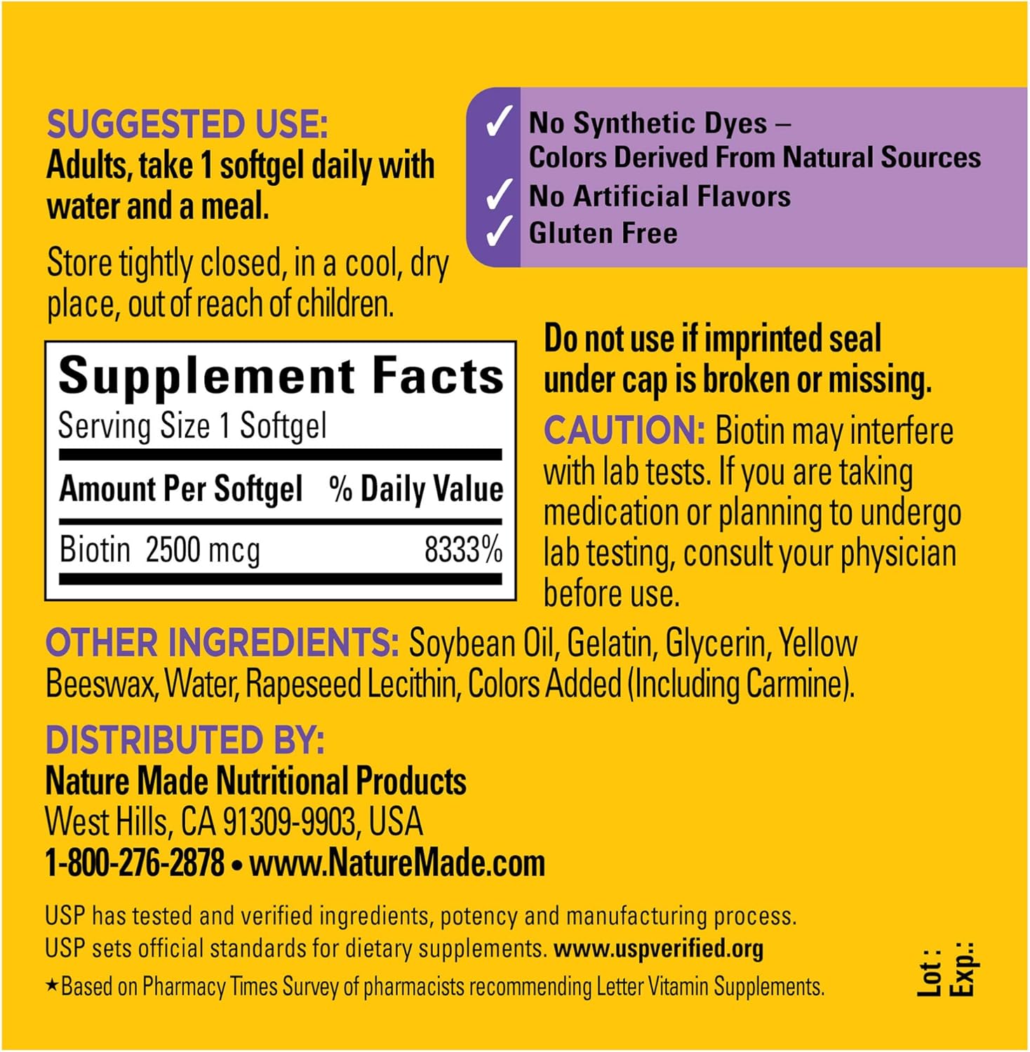 Nature Made Biotin 2500 mcg Softgels 150 Ct, Support Healthy Hair, Skin, Nails† (Packaging May Vary): Health & Personal Care