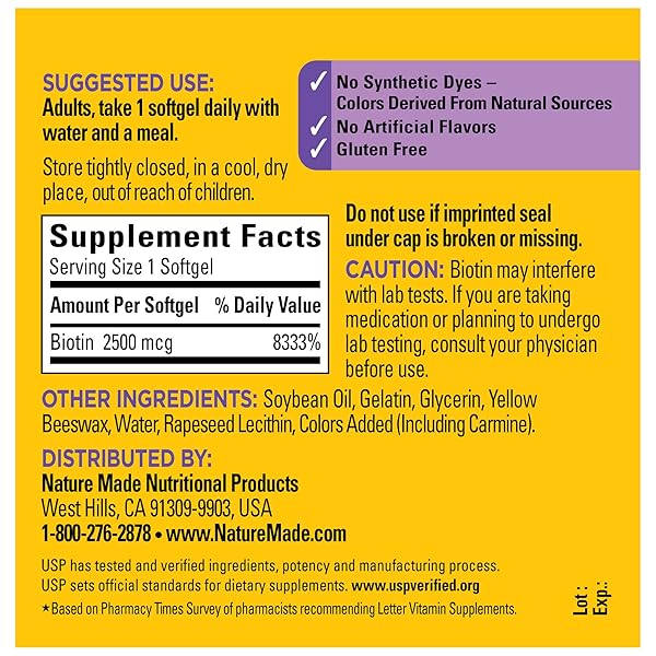 NATURE MADE HIGH POTENCY BIOTIN (B7) 2500 MCG. SOFTGELS VALUE SIZE 150 CT