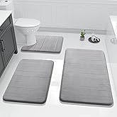 Yimobra 3 Pieces Memory Foam Bath Mat Set with U-Shaped Toilet Rug - Non Slip Super Soft Absorbent Quick Dry Bathroom Rugs for Bathtub, Vanity & Toilet Base, Gray