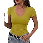 GEMBERA Womens' Stretchy V Neck Short Sleeve Form Fitted Casual Basic Top T-Shirts