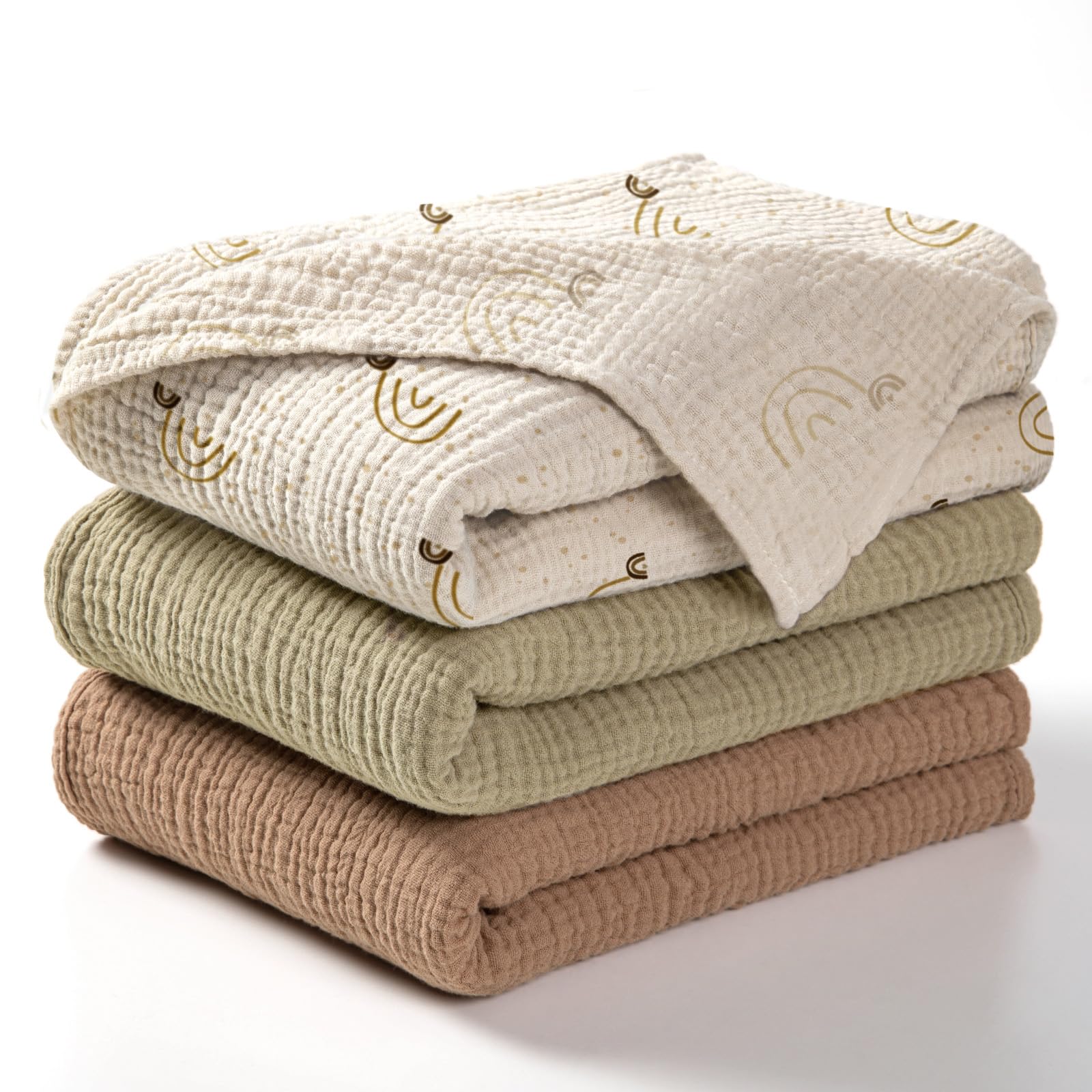 Photo 1 of lulumoon Baby Muslin Swaddle Blankets: Soft Receiving Blanket for Newborn - Cotton Swaddling Blanket for Neutral 3Pack(Rainbow Khaiki)