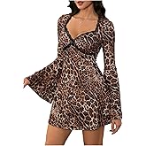 MakeMeChic Women's Leopard Print Dress Bell SleeveLace Trim Sweetheart Short Dresses Cheetah Print Dresses