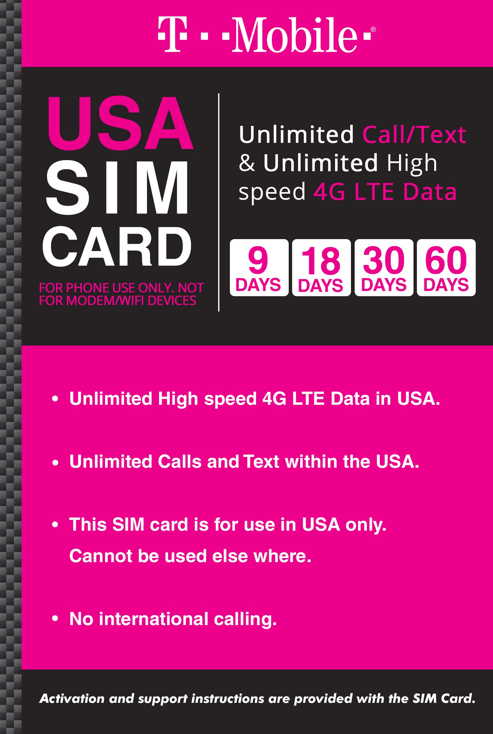 T-mobile Brand USA Prepaid Travel SIM Card Unlimited Call, Text and 4G LTE Data (for use in USA only) (for Phone use only. NOT for Modem/WiFi Devices) (30 days)