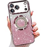 Misscase for iPhone 17 Pro Magnetic Glitter Case Compatible with MagSafe,Full Protection Slim Shockproof Anti-Scratch Case with Camera Lens Protector Plating Bling Dust-Proof Net Pink