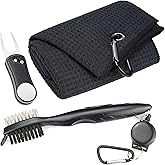 Mile High Life Microfiber Waffle Pattern Golf Towel | Club Groove Cleaner Brush | Foldable Divot Tool with Magnetic Ball Marker (Black Towel/Brush/Bone Divot)