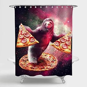 MitoVilla Sloth in Galaxy Space Shower Curtain for Bathroom Decor, Funny Cartoon Animal with Pizza Bathroom Accessories, Sloth Gifts for Women, Men, Teens, Kids Grils and Boys, Purple, 72" W x 72" L