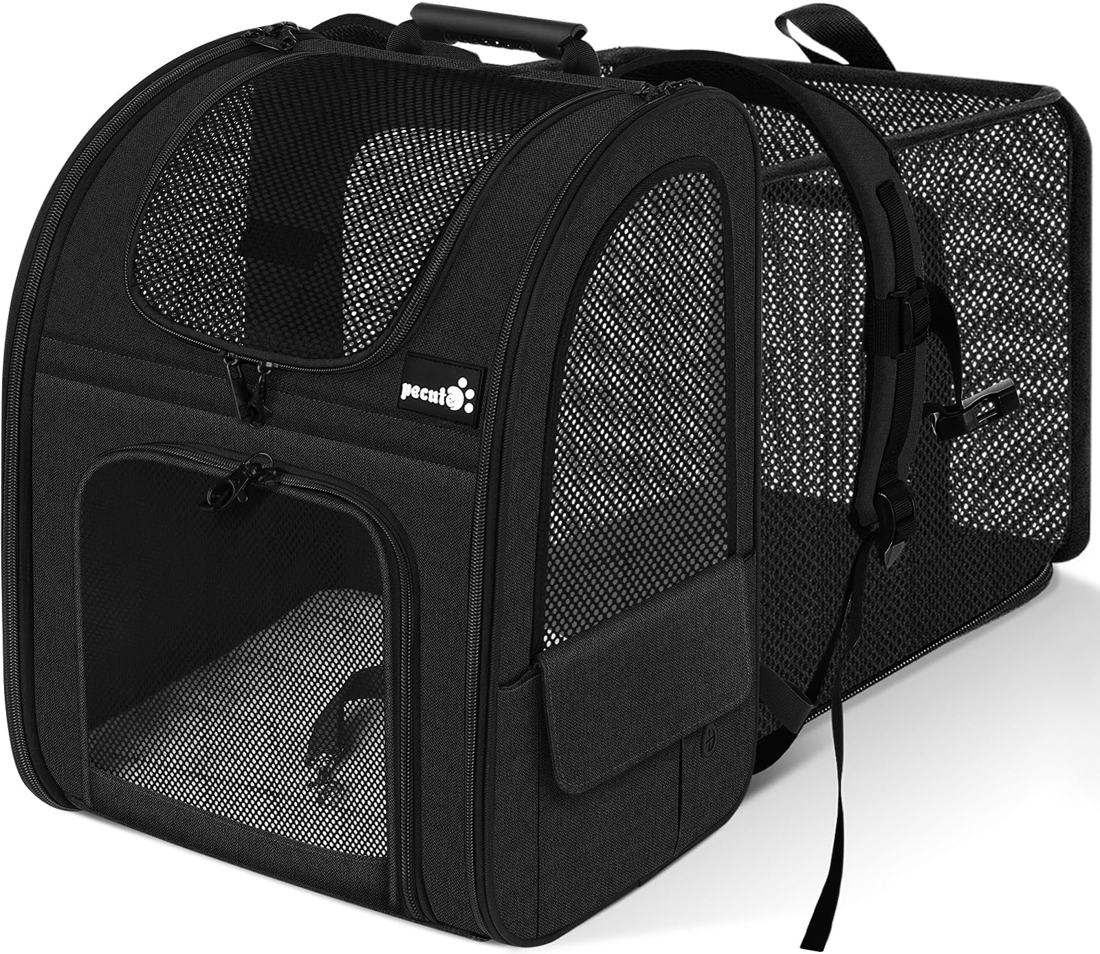 Pecute Cat Carrier Dog Backpack Expandable, Portable Breathable Rucksack with Front Opening-Mesh Window-Pockets, Extendable Back More Space Great For Carrying Puppy Dogs Cats (Black)