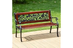 MFSTUDIO Outdoor Metal Kids Bench, Mini Sized Patio Garden Bench with Wooden Seat and Cast Iron Backrest for Porch