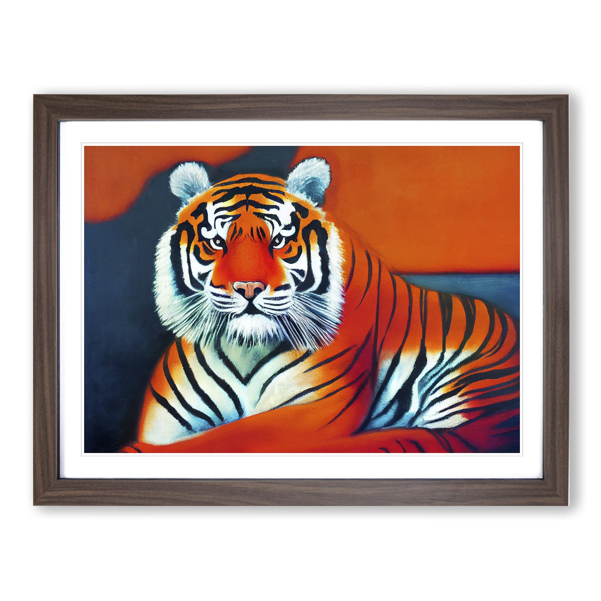 Striking Tiger Framed Print | A4 Walnut Framed Wall Art | Ready to Hang | Modern Animal Picture | Living Room Bedroom Lounge Office