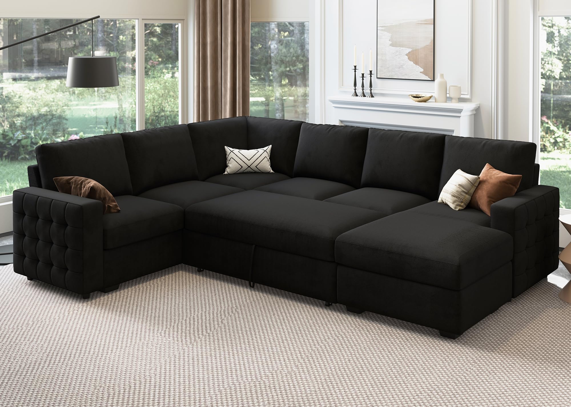 Photo 1 of **PARTIAL SET/BOX 3 OF 5 ONLY****HONBAY Sectional Sleeper Sofa with Pull Out Bed U-Shape Sectional Couch with Storage Chaise 6 Seater Sleeper Sectional Sofa Bed, Velvet Black