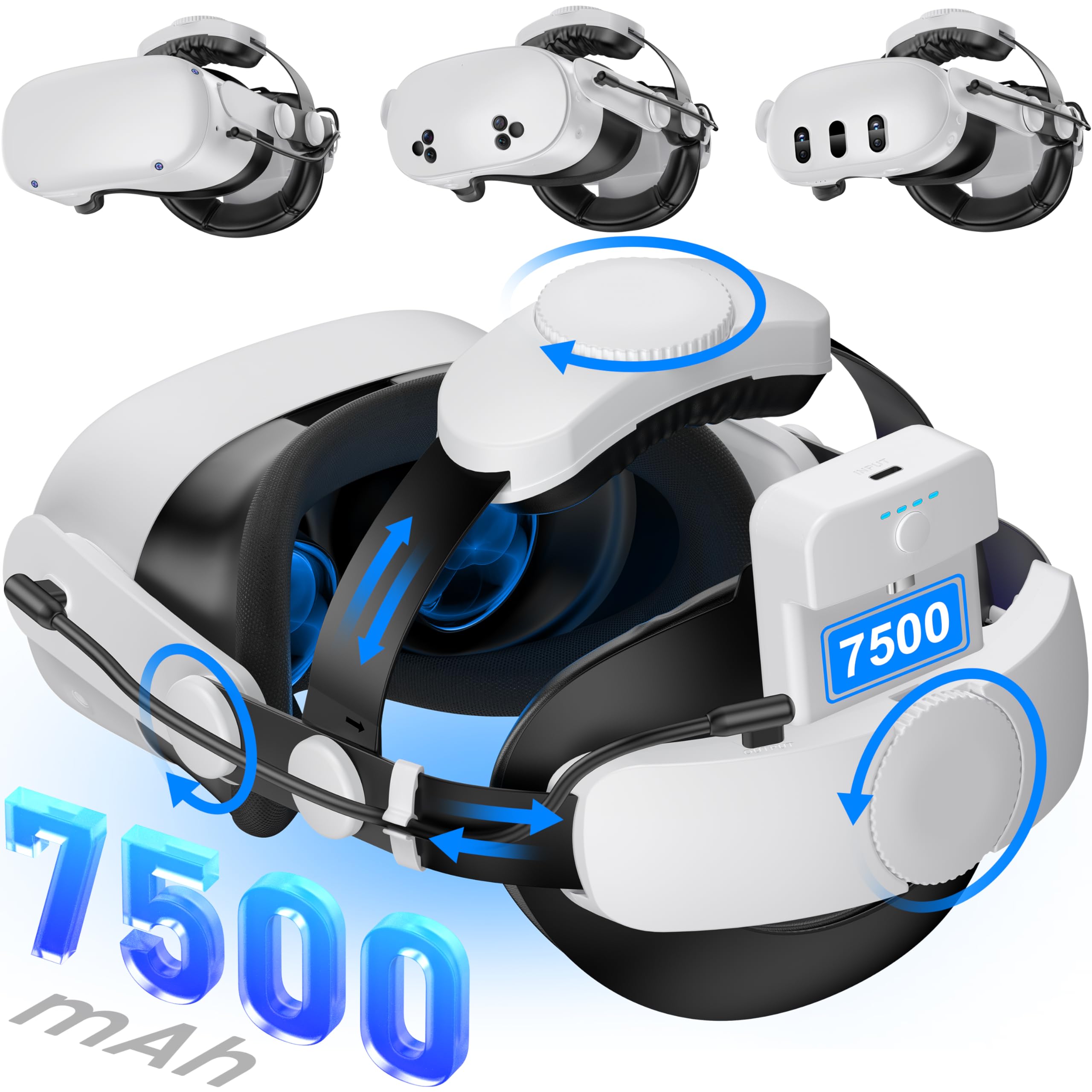Kawaye for Meta Quest 3S/3/2 Head Strap with 7500mAh Hot-Swap Bateries for 3-4H Playtime,Double Knobs Adjustable VR Headset Strap with Large Support Pad Enhanced Support&Comfort for Games-MQ2004