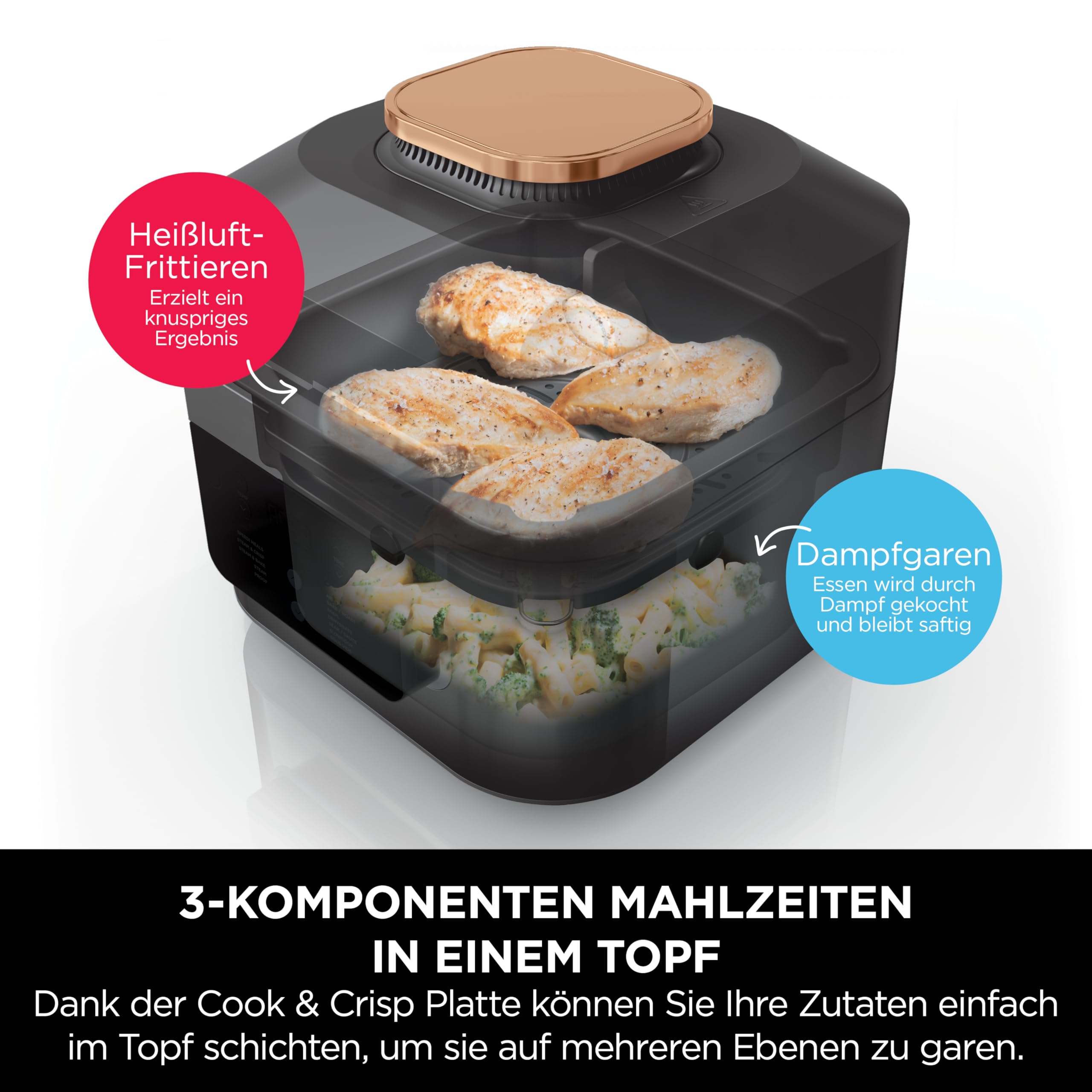 Ninja Speedi Multikocher, 5,7L, 10-in-1 Multicooker, Airfryer Heißluftfritteuse, Slow Cooker Langsamkochen, Grillen, Backen, Schwarz & Kupfer ON400EUCP 6