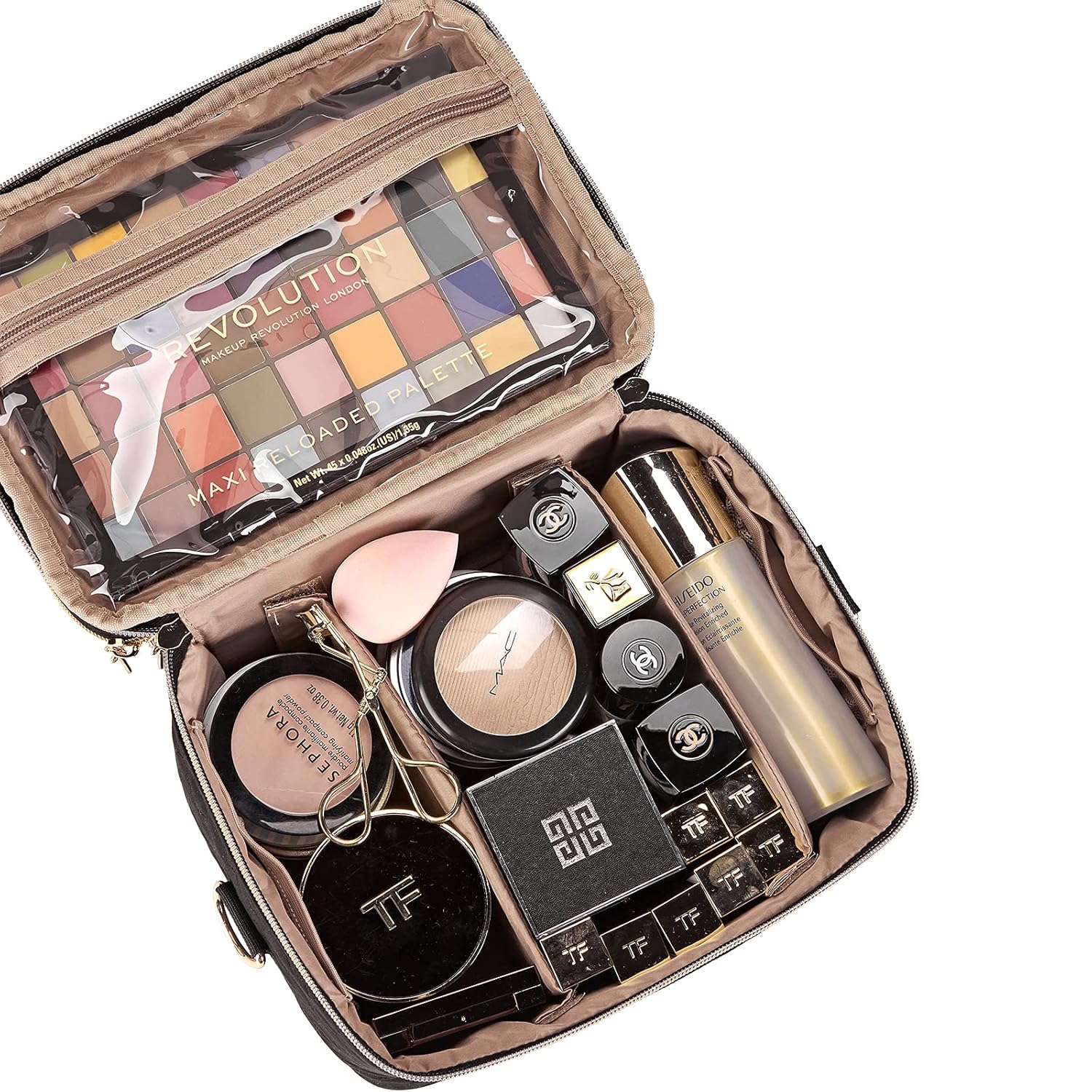 NISHEL Double Layer Travel Makeup Bag with Strap, Large Cosmetic Case Organizer Fits Bottles Vertically, Top Layer for Brushes, Tweezers, Eyeliner, Black : Beauty