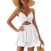 AGERWAY Women's Jumpsuit Sexy V Neck Twist Spaghetti Straps Double Layer Ruffle Hem Mini Short Romper