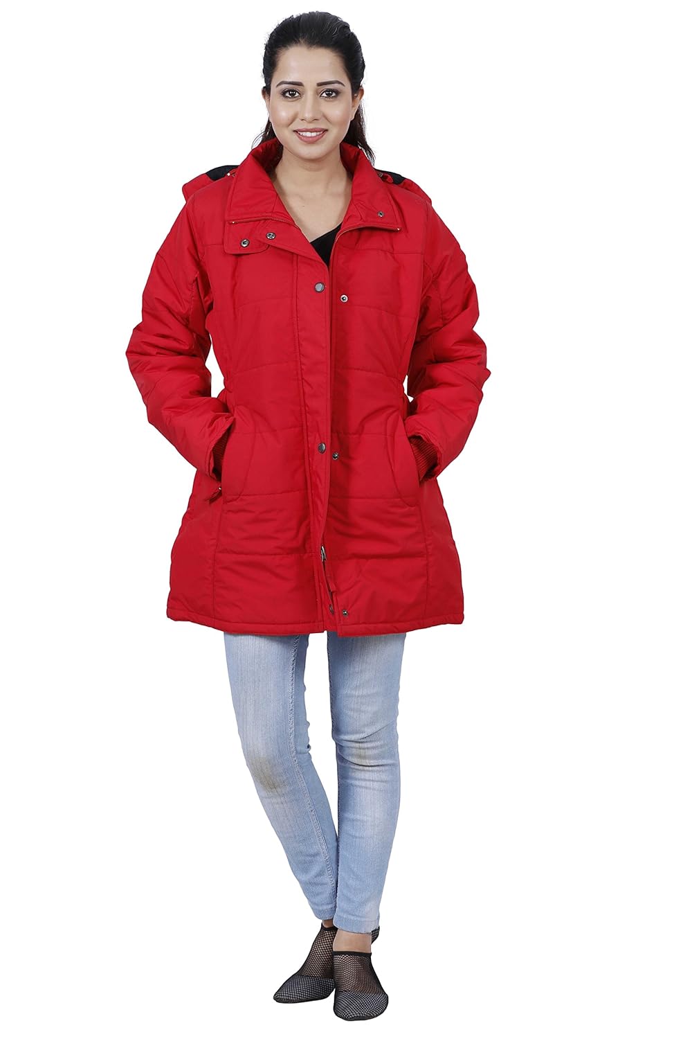 hiver women's nylon red full-sleeved winter jacket with hood