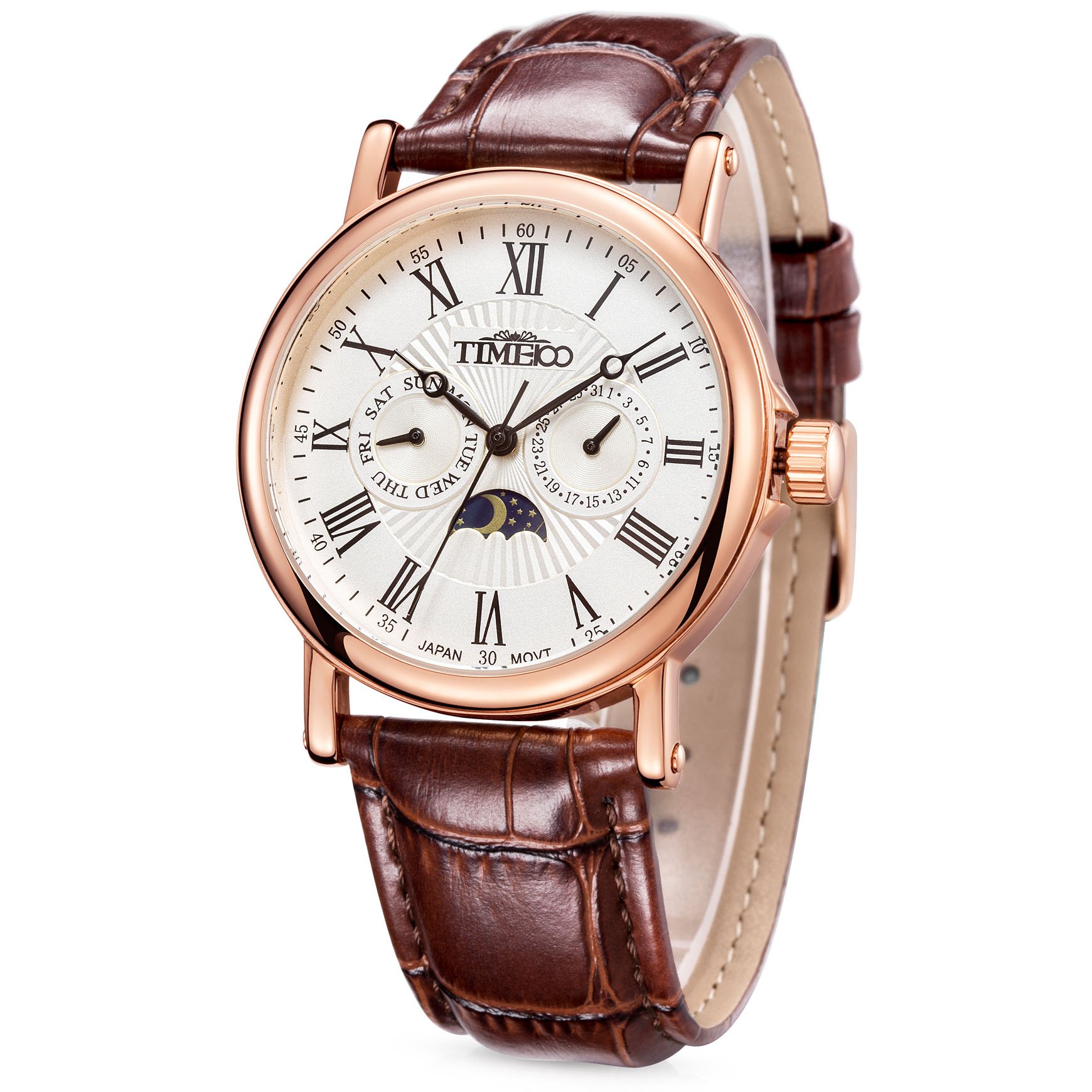 Time100 Men's Leather Strap Roman Numerals Watch Business Fashion Multifunctional Three Dial Waterproof Wrist Quartz Watches with Day/Night Indicator