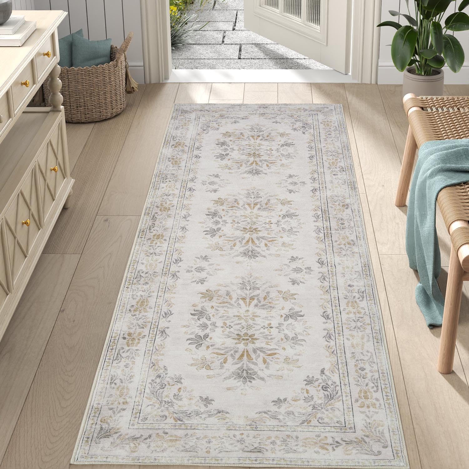 Photo 1 of jinchan Hallway Runner Rug 2x8 Vintage Floral Distressed Design - Machine Washable Non-Slip Low-Pile Soft Thin Faux Wool Kitchen Carpet for Farmhouse Bedroom Laundry Room(2x8ft,Light Grey)