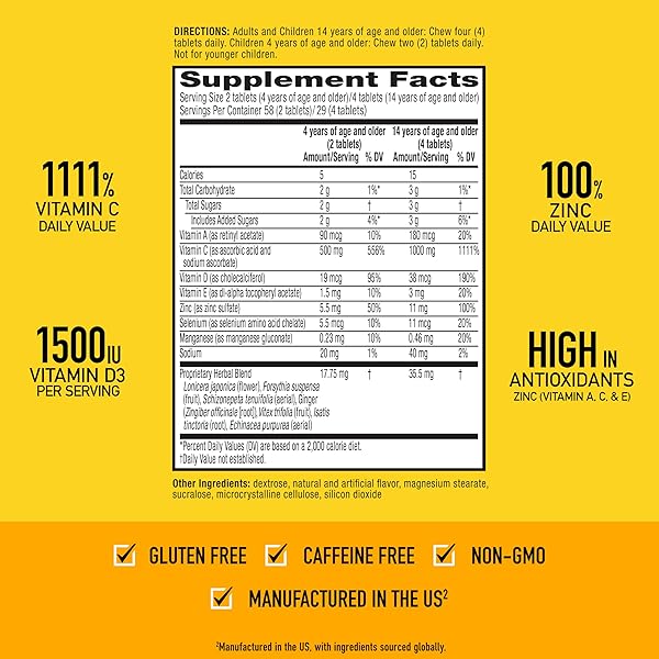 AIRBORNE VITAMIN C 1000MG (PER SERVING) – CITRUS CHEWABLE TABLETS (116 COUNT IN A BOTTLE), GLUTEN-FREE IMMUNE SUPPORT SUPPLEMENT, WITH VITAMINS A C E, ZINC, SELENIUM, ECHINACEA, GINGER, ANTIOXIDANTS