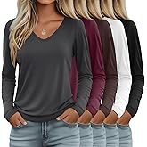 Oakgarden 5 Pack Women's V Neck Long Sleeve Tops Bulk, Loose Fit Casual T-Shirts Layer Soft Trendy Outfits Basic Tees