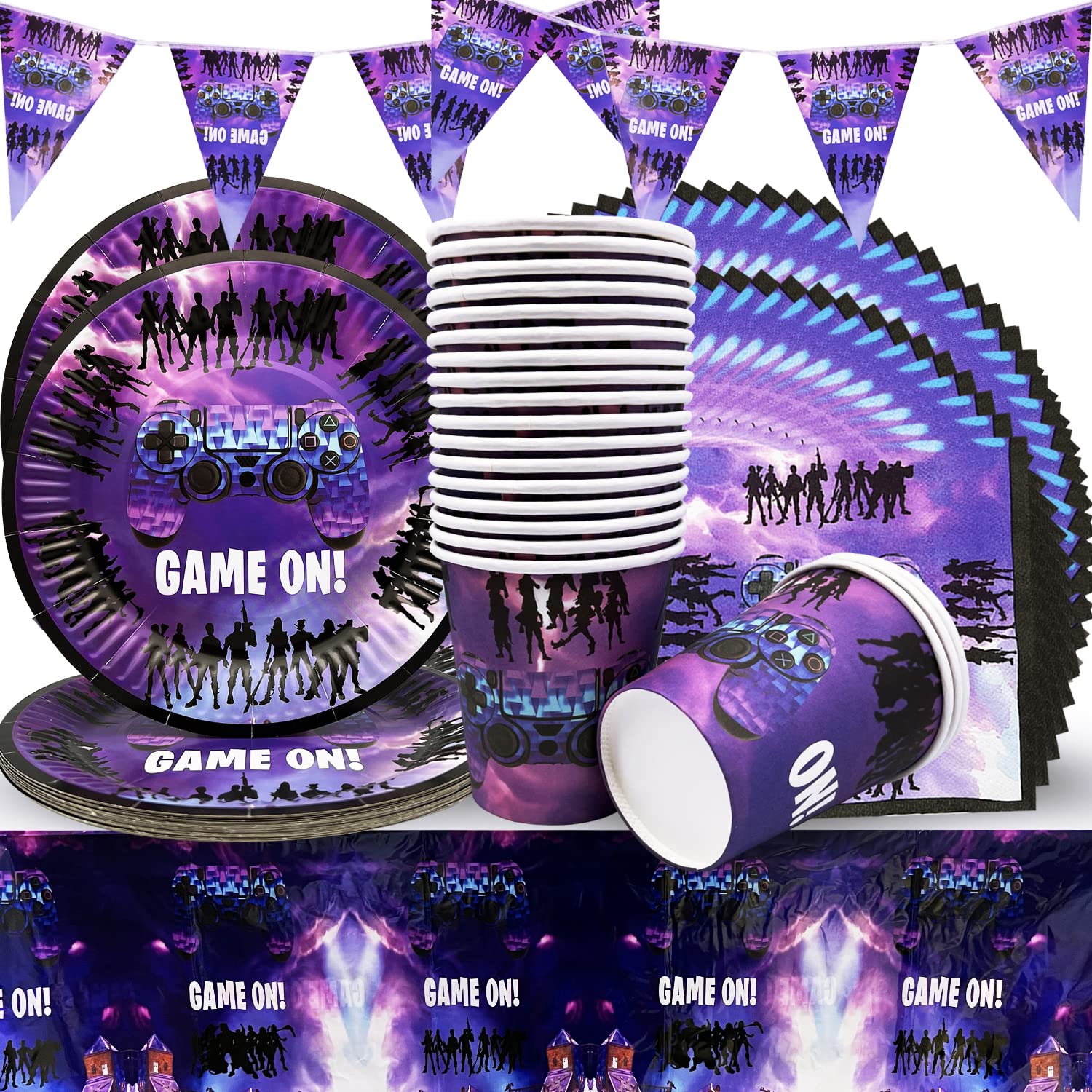 Game Supplies Partytableware,Includes Video Game Party Plates Cups Napkins Tablecloths Banners Gamers Lovers Boys Party Birthday Decorations 20 Guests