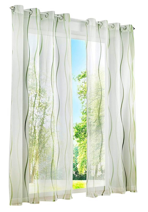 BAILEY JO 1er-Pack Gardinen mit Wellen Druck Design Vorhang Transparent Voile Vorhänge (BxH 140x145cm, grün mit Ösen)