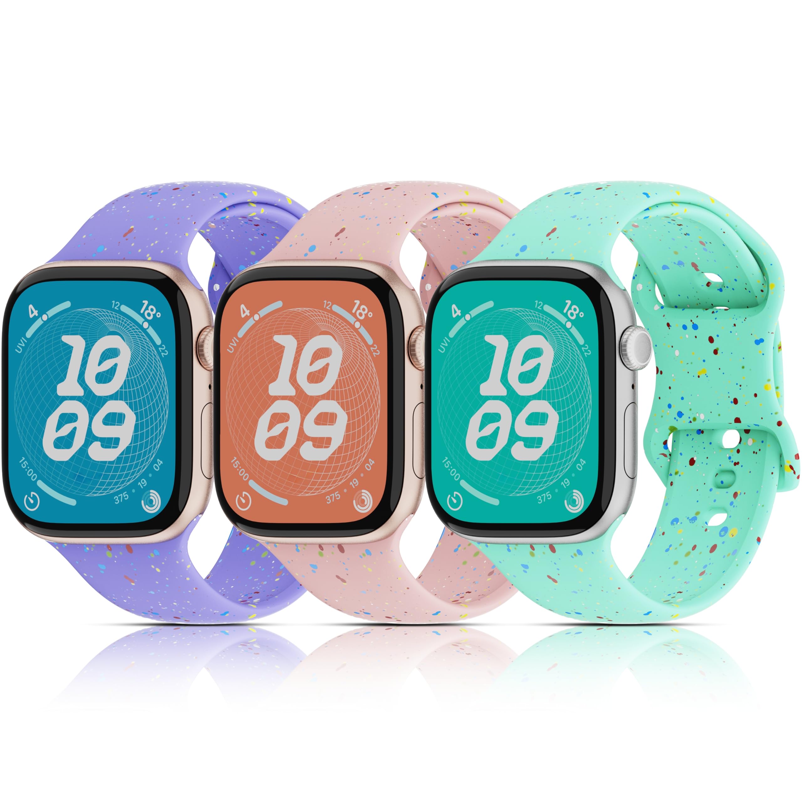 Photo 1 of 3-Pack Compatible with Kids Apple Watch Band, Recycled Plastic Soft Waterproof Strap for iWatch Series 11/10/9/8/7/6/5/4/3/2/1/SE/SE2/SE3 for Girl Boy Small Wrist (Purle+Green+Pink, 42/44/45/46mm)