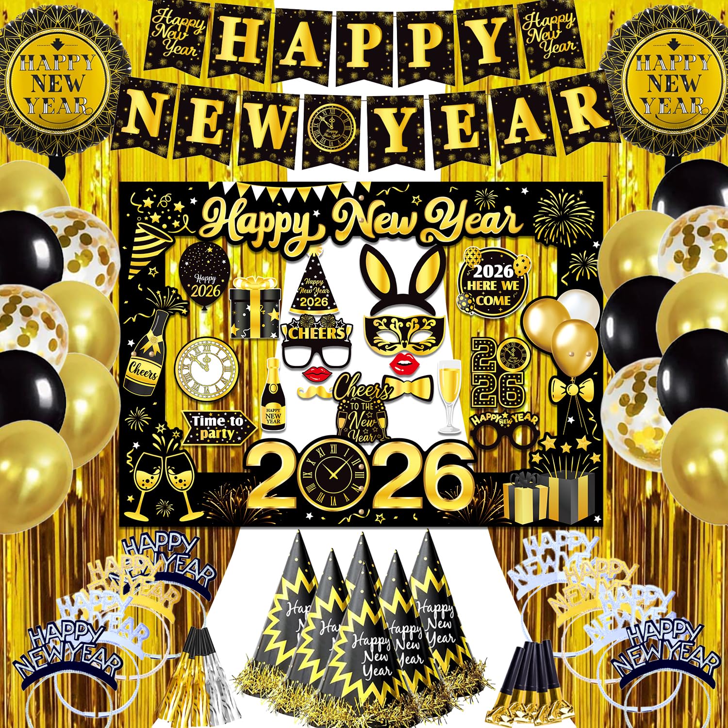 New Year Decorations Set 2025, Giant Happy New Year Banner, Selfie Frame, Photo Booth Props, Headband, Party Blowers, Latex Balloons