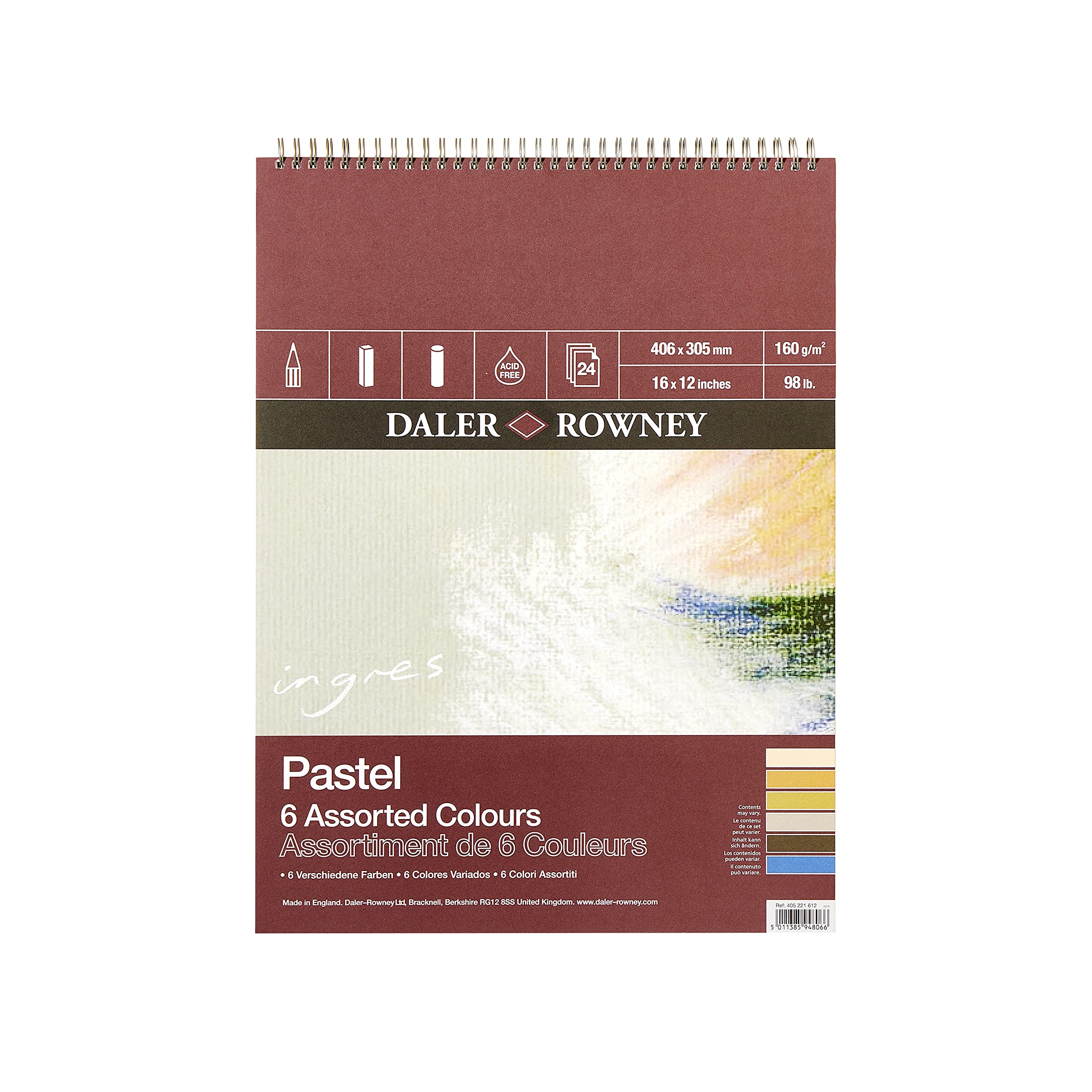 Daler-Rowney Ingres 16gsm 16 x 12in Pastel Paper Spiral Pad, Laid Texture, 6 Assorted Colours, 24 Sheets, Ideal for Professional Artists & Students