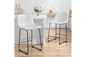 REONEY Bar Stools Set of 2, PU Leather Counter Height Bar Stools, 26" Modern Bar Stools with Metal Legs and Footrest, Urban Armless Dining Chairs with Backrest for Kitchen Island (White)