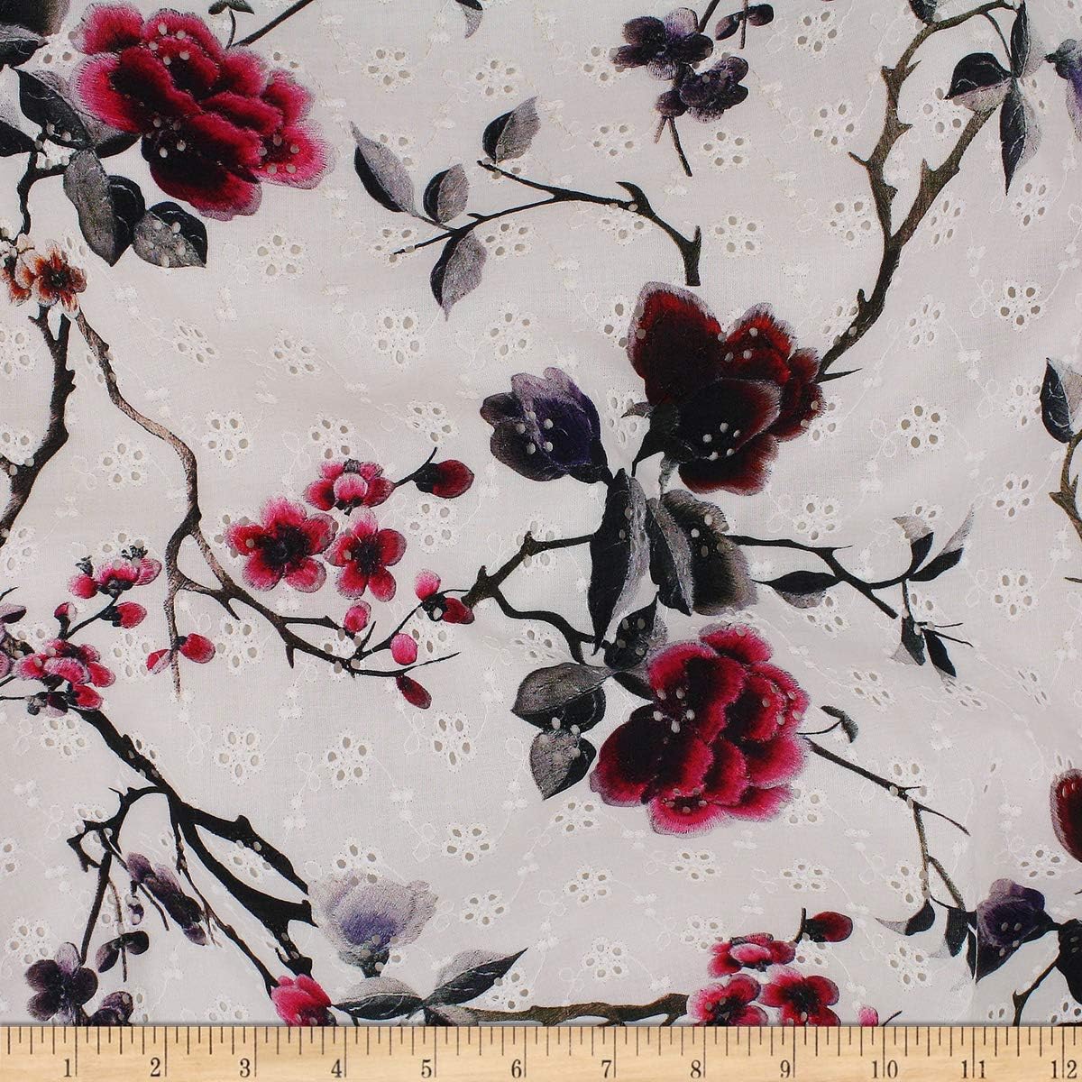 Telio Digital Cotton Eyelet Floral Fabric, Cherry, Fabric By The Yard