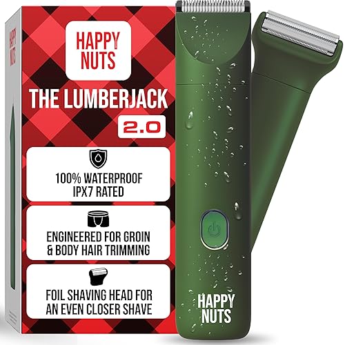 HAPPY NUTS Lumberjack 2.0 Men's Electric Body & Groin Hair Trimmer - Waterproof, Rechargeable Manscaping Kit with Foil Shaver - Ultra-Quiet Motor for Efficient Grooming (Green)